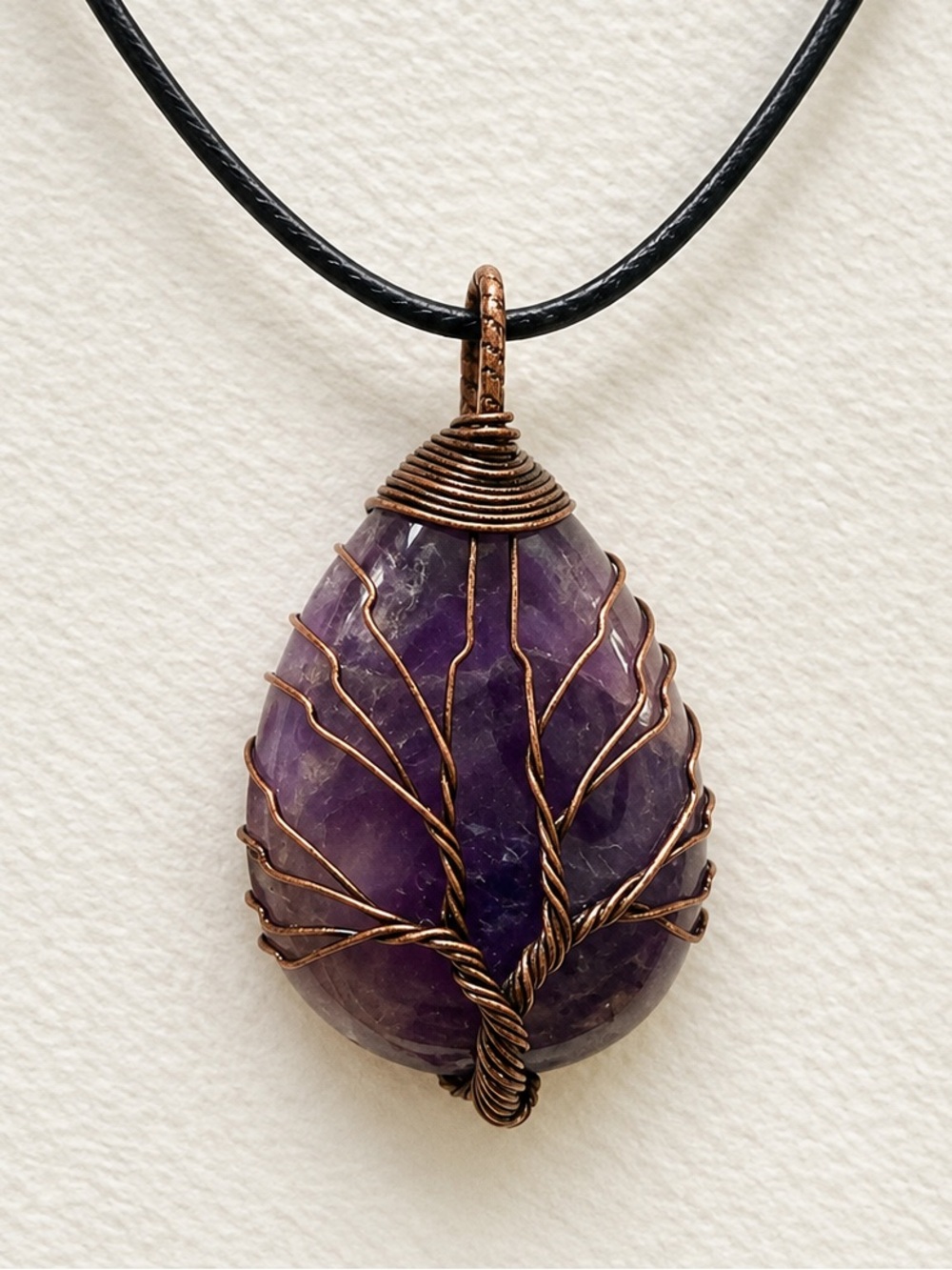 Purple Veined Stone Pendant Necklace Copper Wire Wrapped Adjustable Black Cord